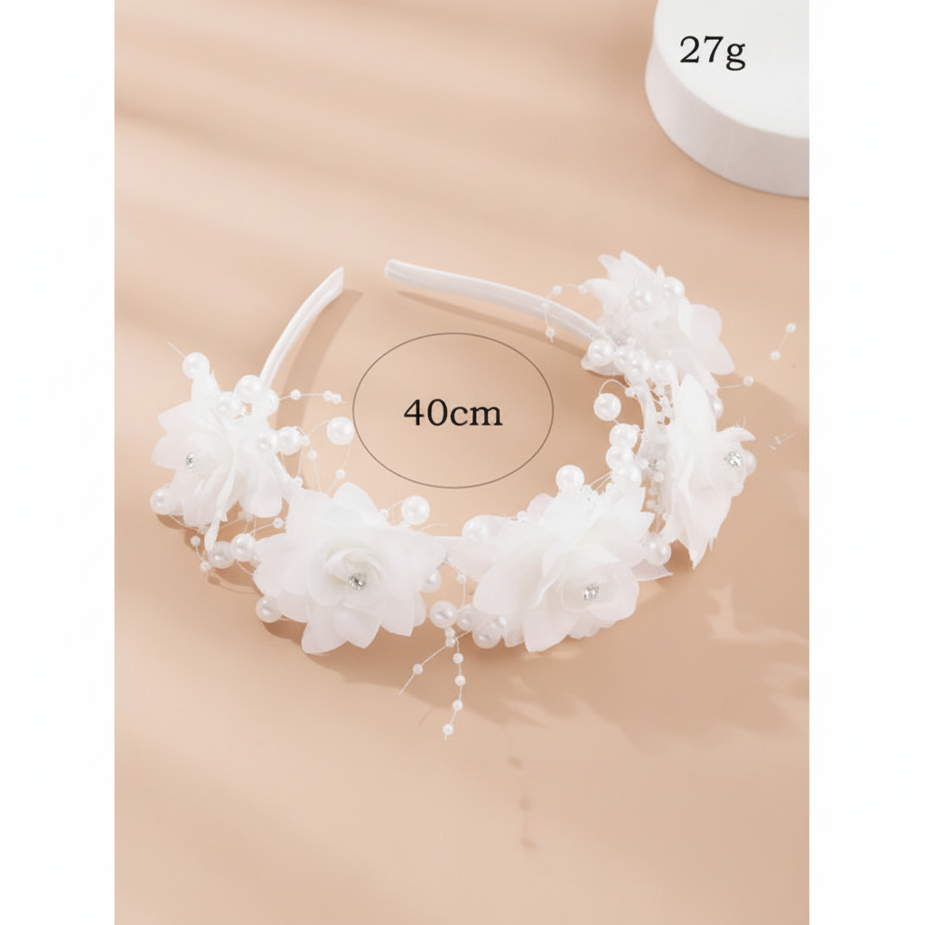 White flower girl headband with layered flowers, pearl strands, 40cm length