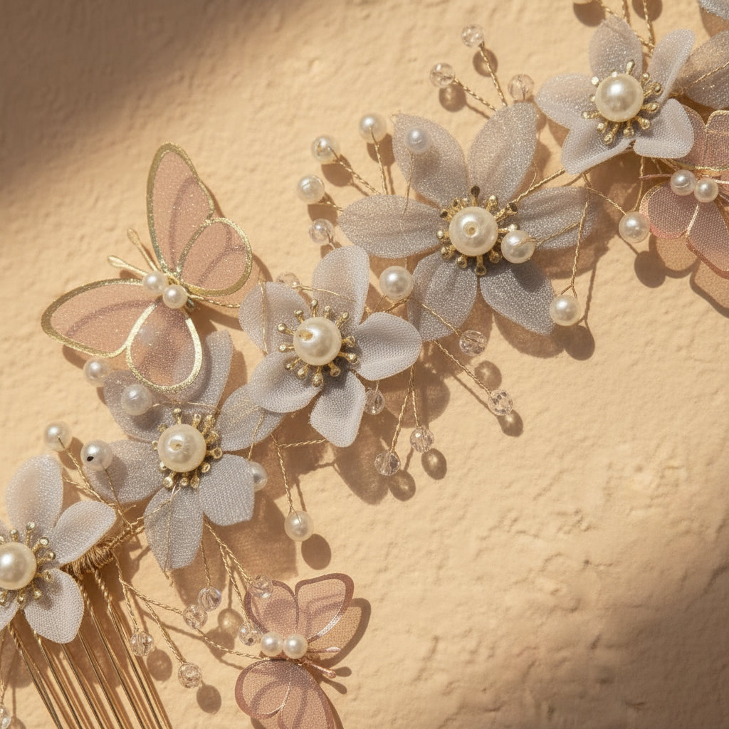 Pink flower girl headband tiara with tulle blooms, pearl drops, butterfly bows, gold-tone wire