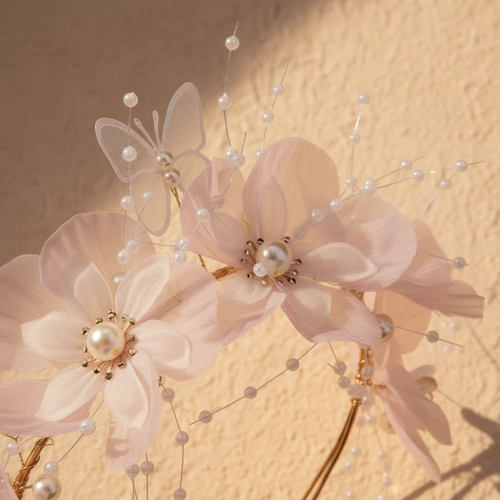 Pink flower girl tiara headband with tulle flowers, faux pearls, bead strings, gold-tone frame