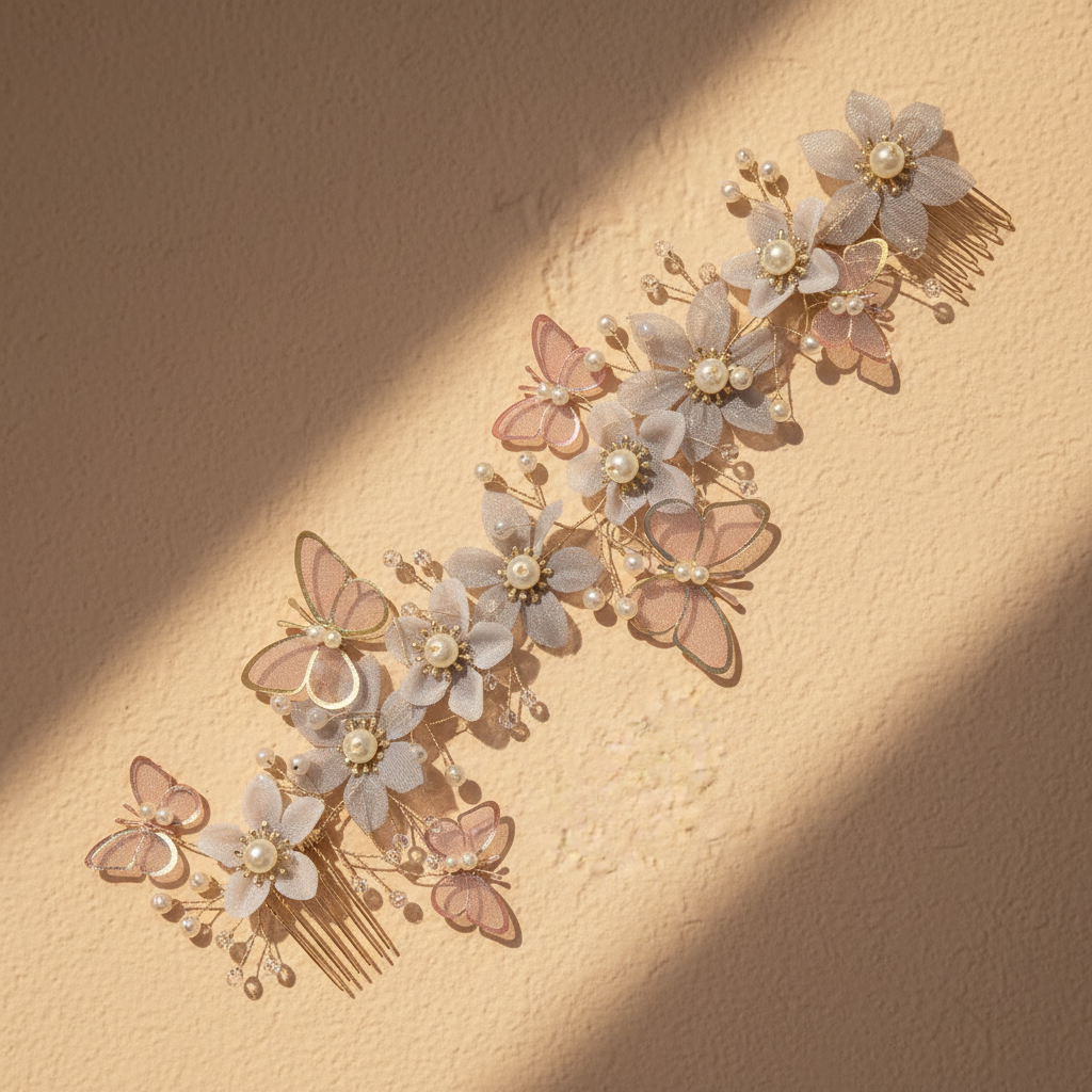 Flower girl headband tiara with light pink butterflies, pearl beads, gold trim, tulle blossoms