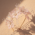 Pink flower girl headband with layered tulle flowers, pearl beads, butterfly accents, gold wire