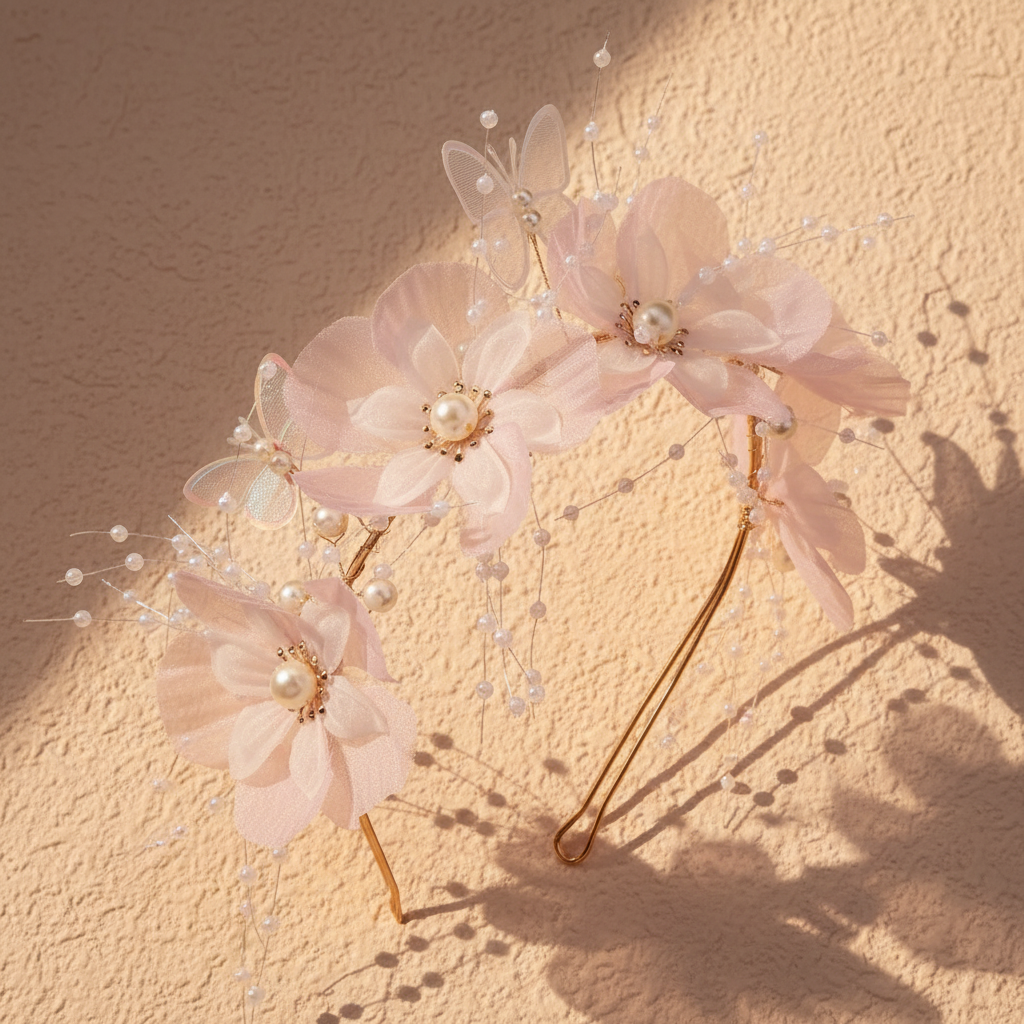 Pink flower girl headband with layered tulle flowers, pearl beads, butterfly accents, gold wire