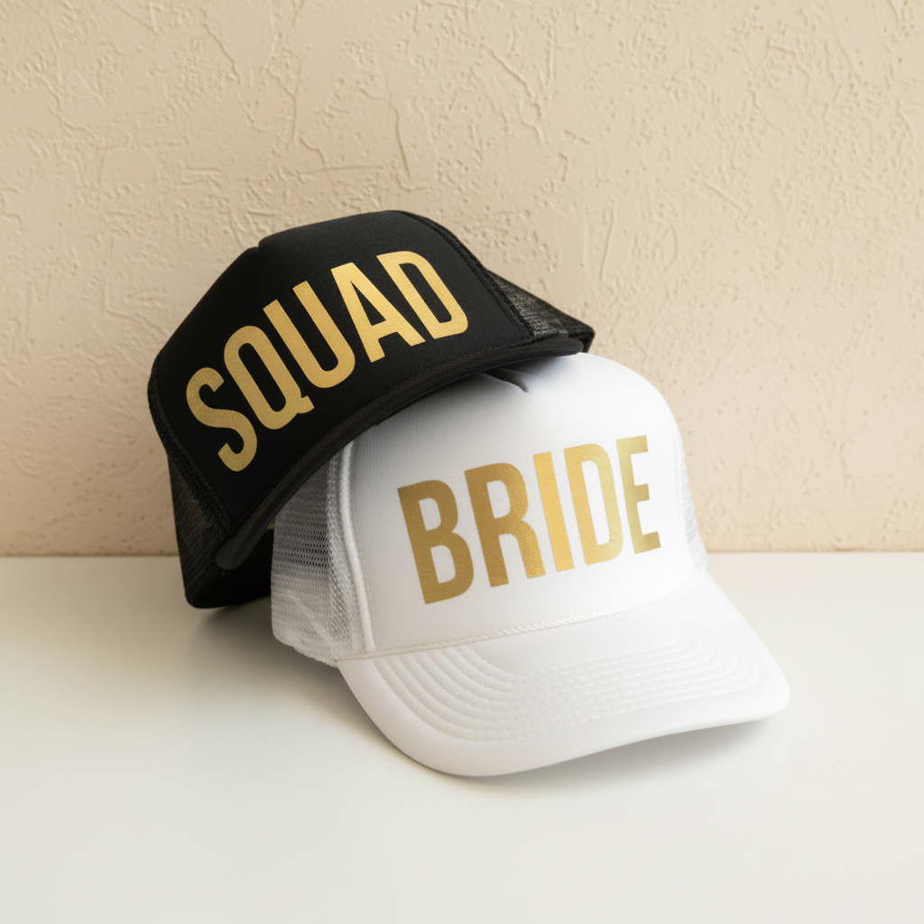 Black and white trucker cap with gold “SQUAD” and “BRIDE” front print