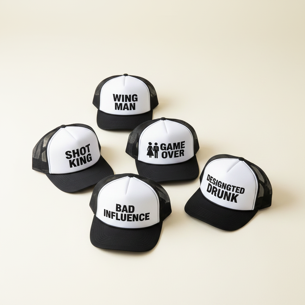 Set of five black mesh trucker caps with white panels and printed slogans