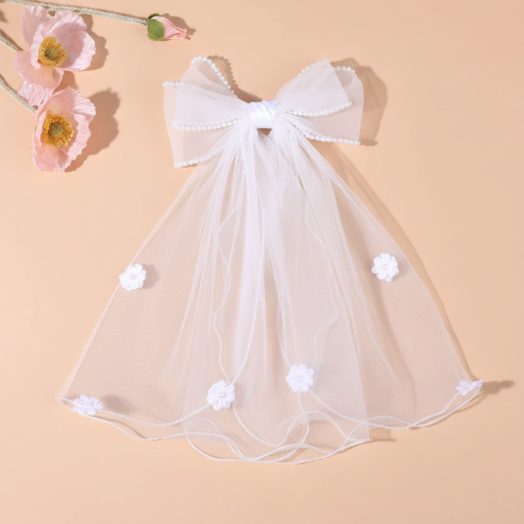 White tulle bow hair clip with beaded-edge veil strands