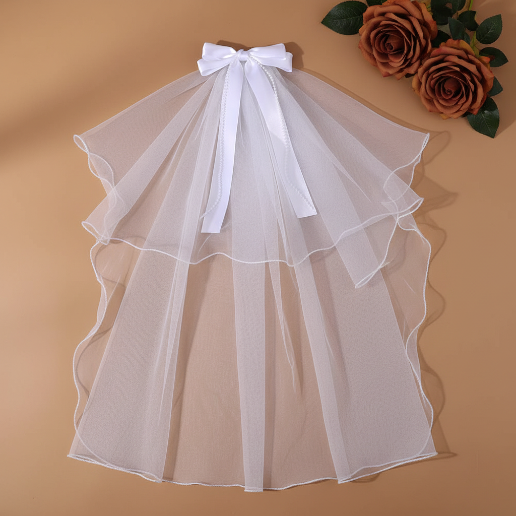 White tulle bow hair clip with layered, fluttery veil ruffles