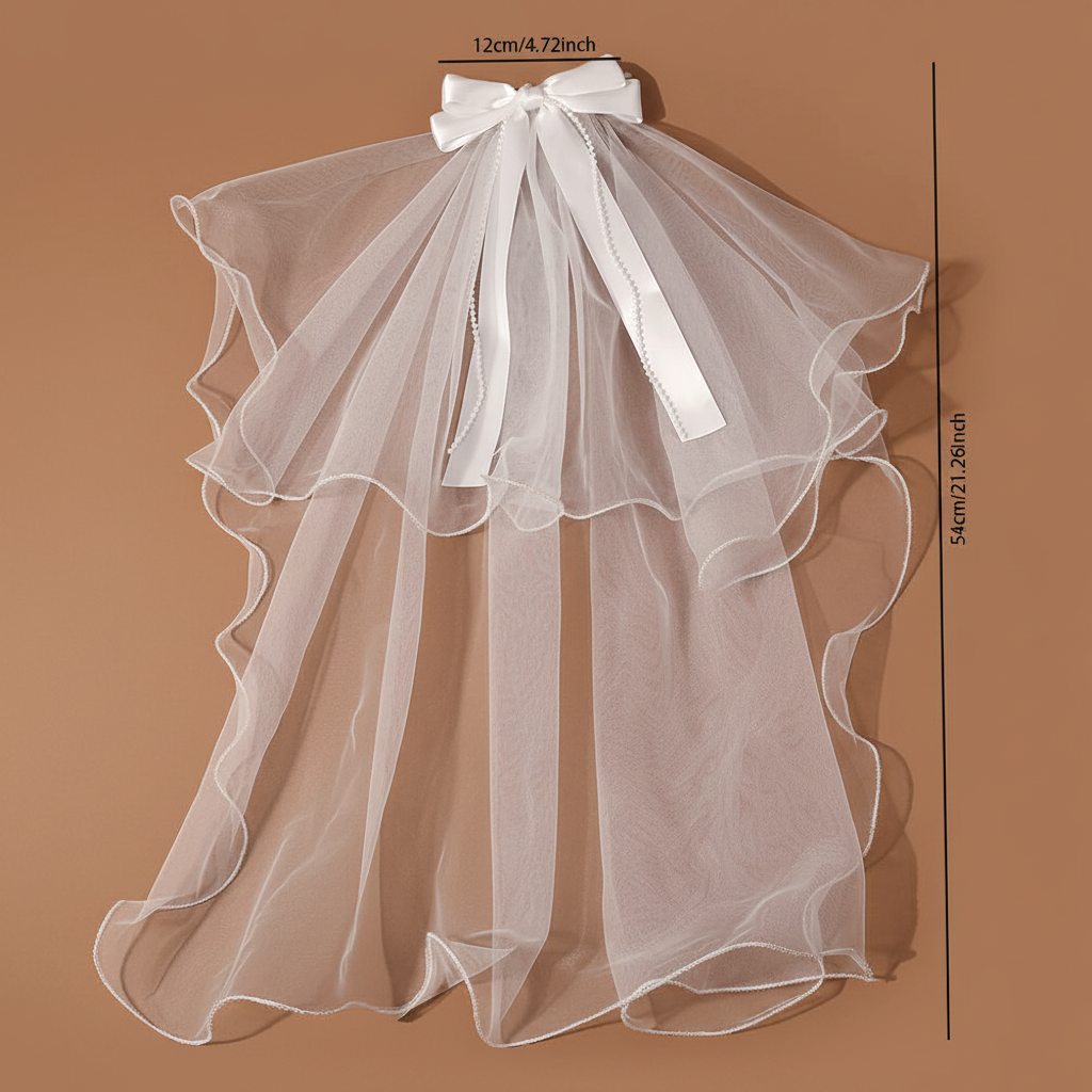 White tulle bow hair clip with long layered veil and scalloped edges