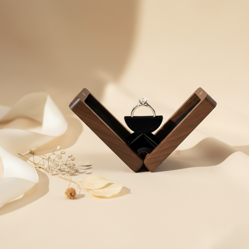 FOREVER wooden wedding ring box open with black tray and diamond engagement ring