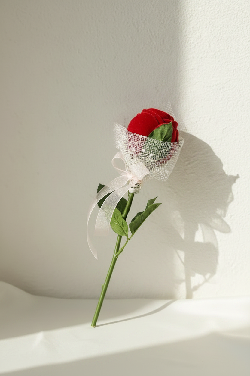 Velvet rose stem ring box with red rose top, white tulle netting, and ribbon