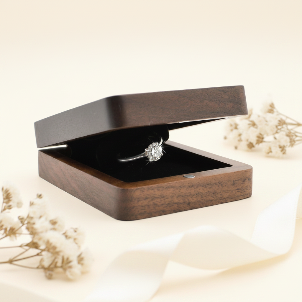FOREVER wooden wedding ring box with open lid, black insert and diamond ring