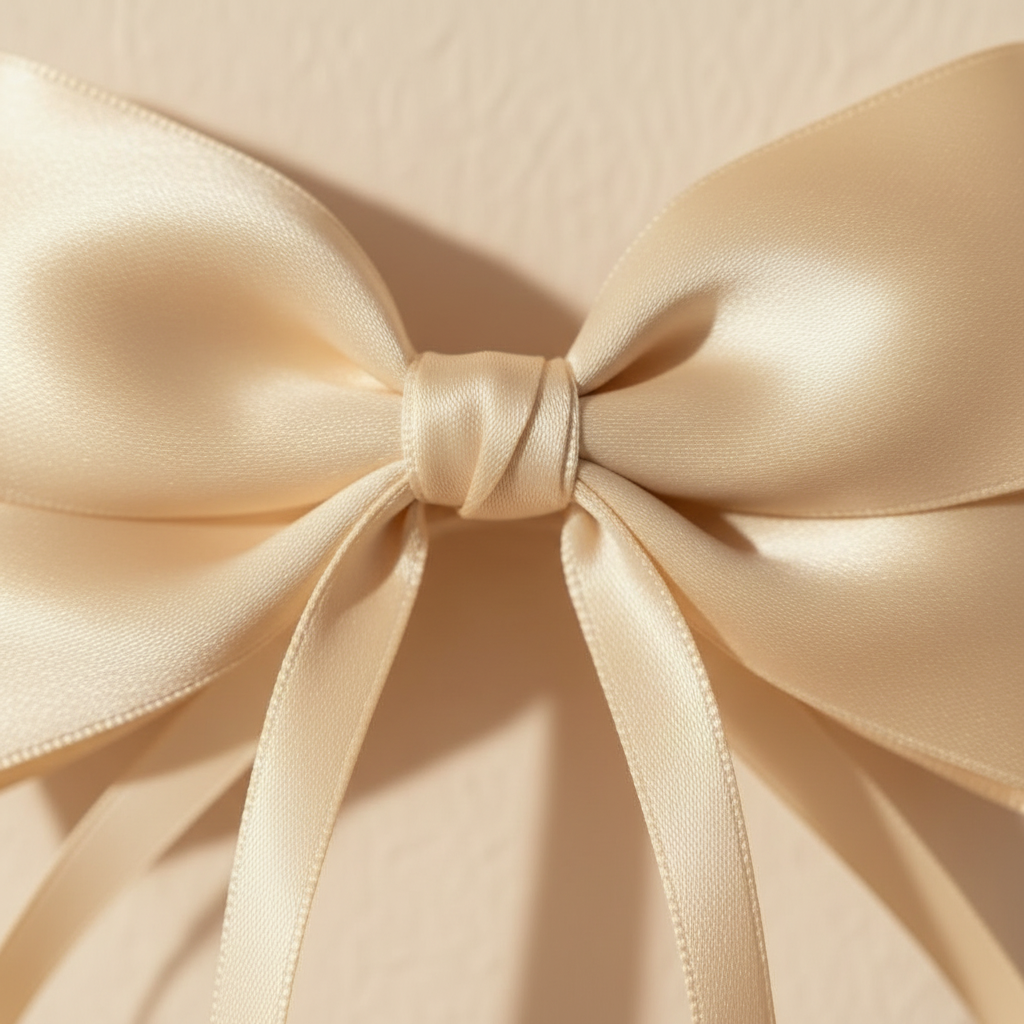 Off-white satin bow hair clip close-up with long ribbon tails