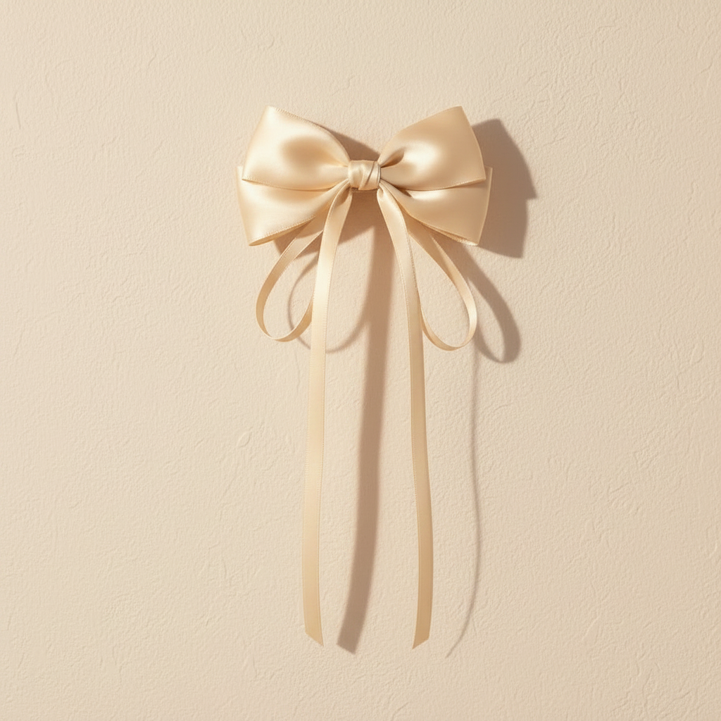 Off-white satin bow hair clip with long ribbon tails