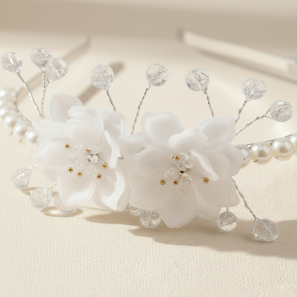 Pearl and rhinestone headband with oversized white blossoms, pearls, and crystal stems