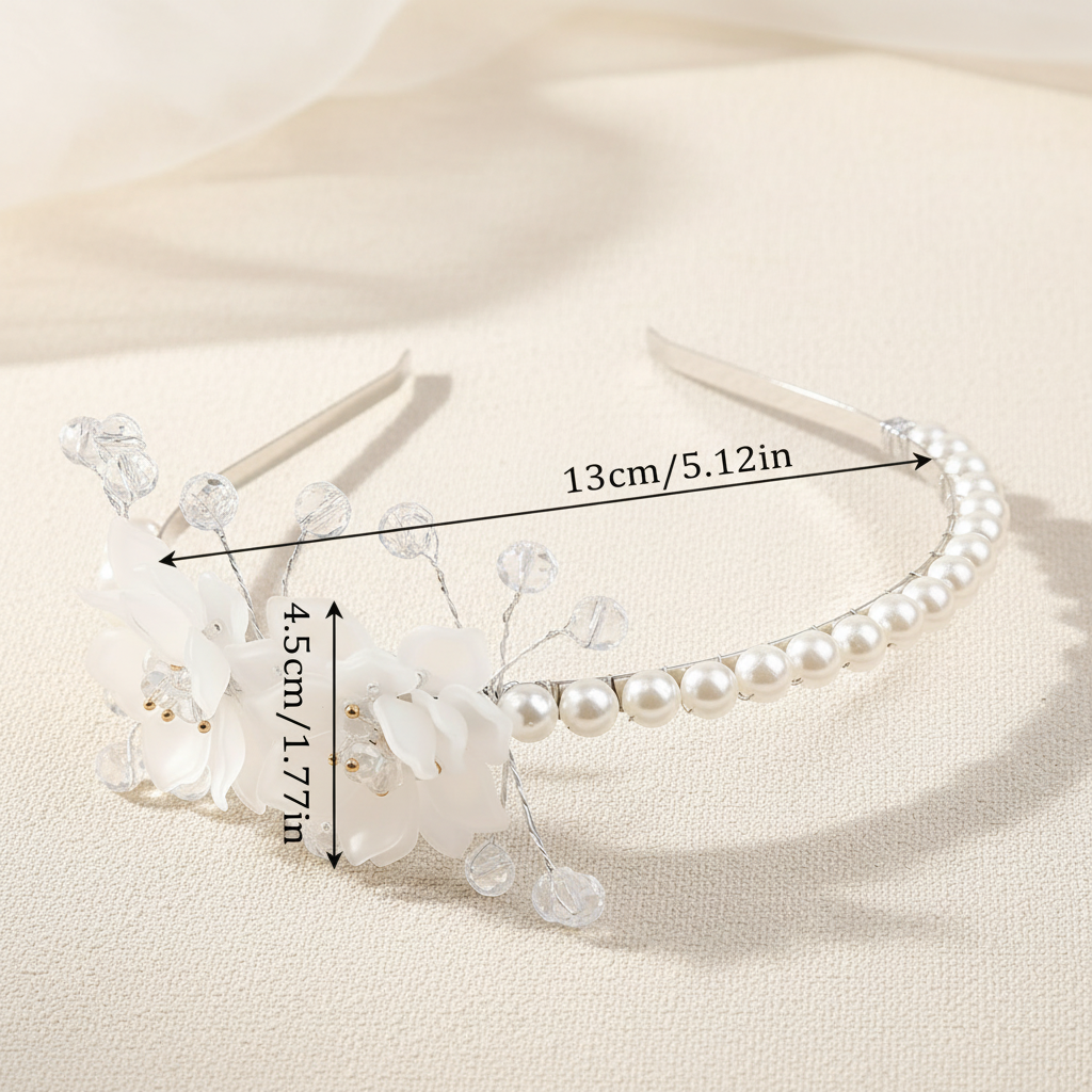 Pearl and rhinestone flower crown headband, 13 cm wide, with white blossoms