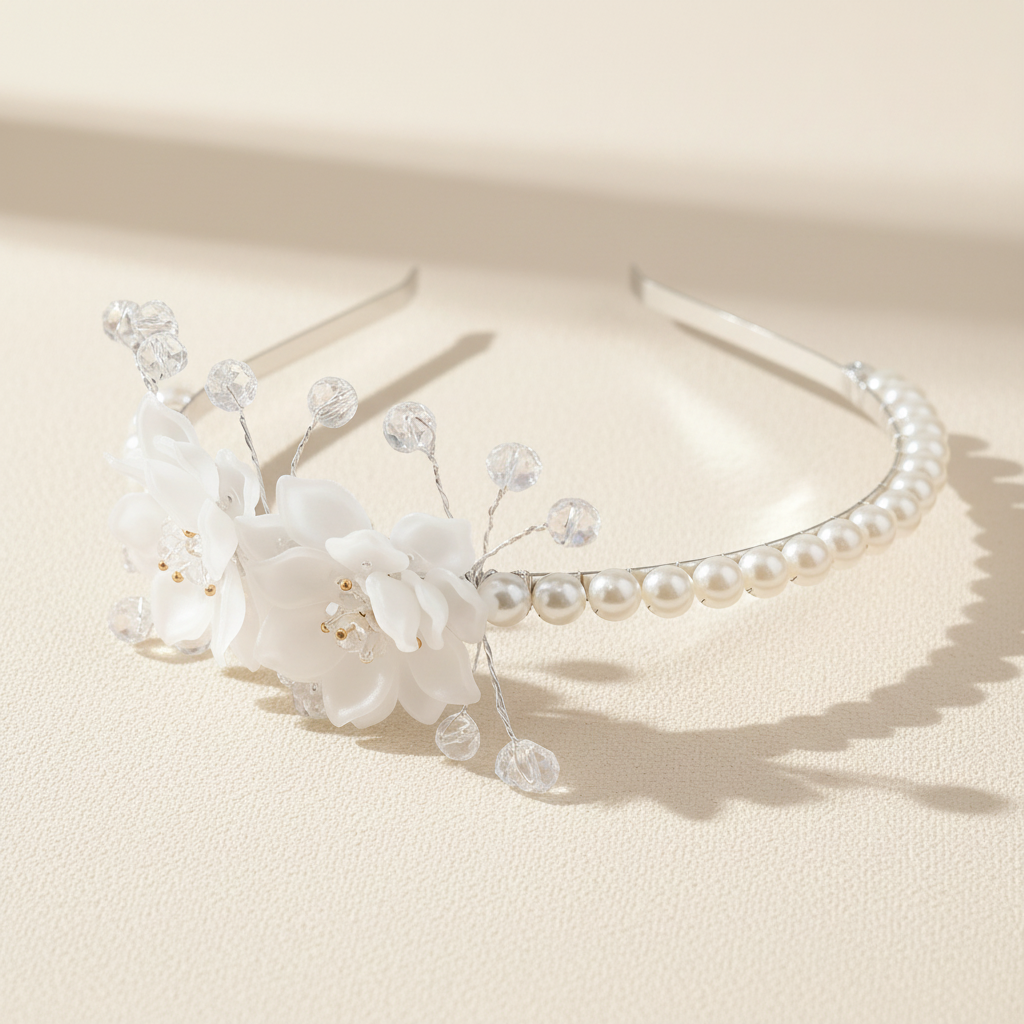 Pearl and rhinestone flower crown headband with white blossoms and crystal beaded vines