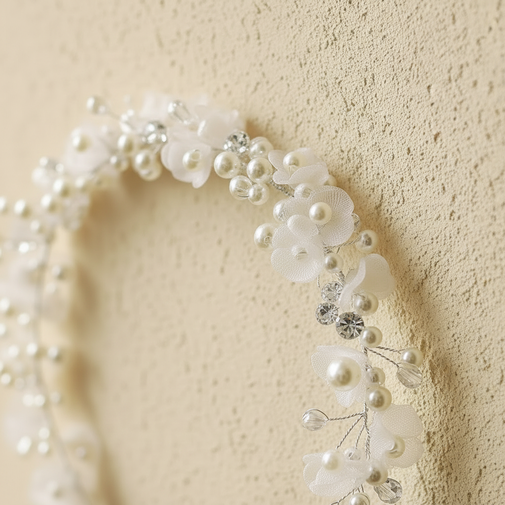 White beaded trumpet wreath headband close-up with pearl flowers and crystal accents