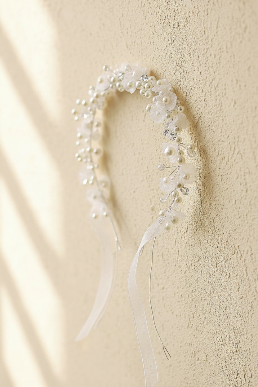 White flower girl headband with beaded trumpet wreath and sheer ribbon ties