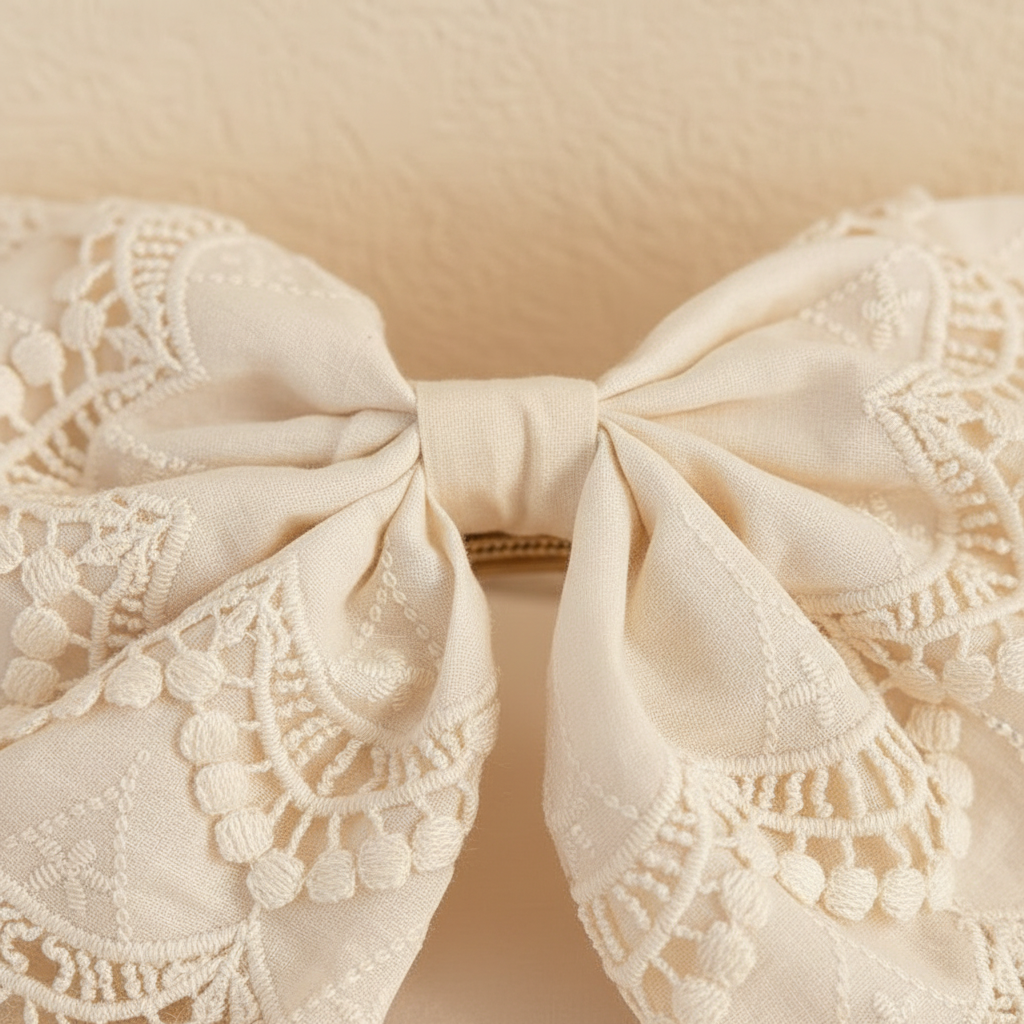 Cream embroidered lace bow hair clip with gathered bow center detail
