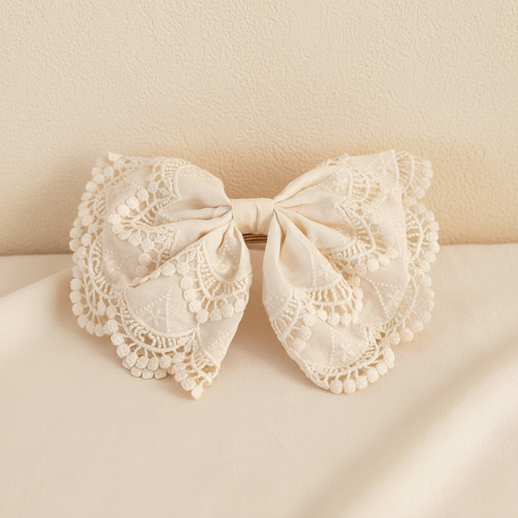 Cream lace bow hair clip with embroidered floral pattern