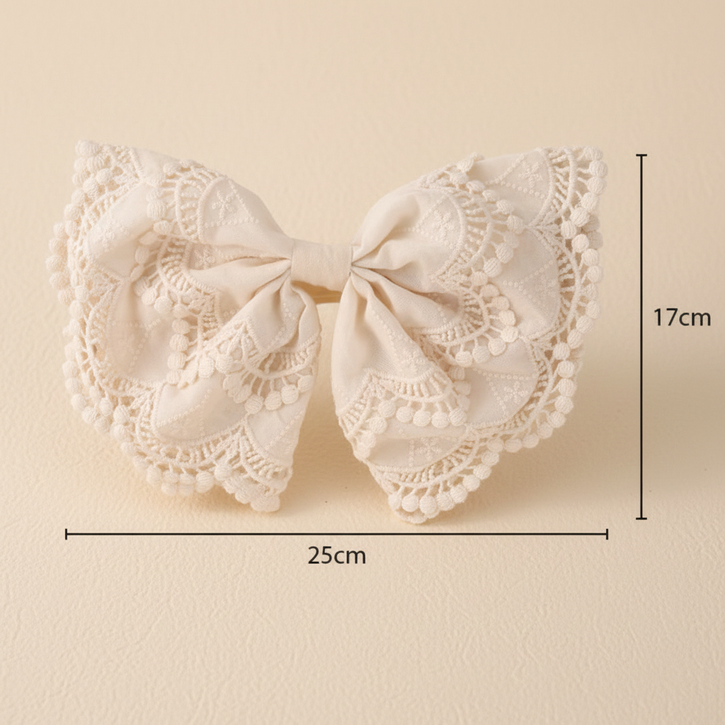 Cream lace bow hair clip, 25 cm wide and 17 cm tall