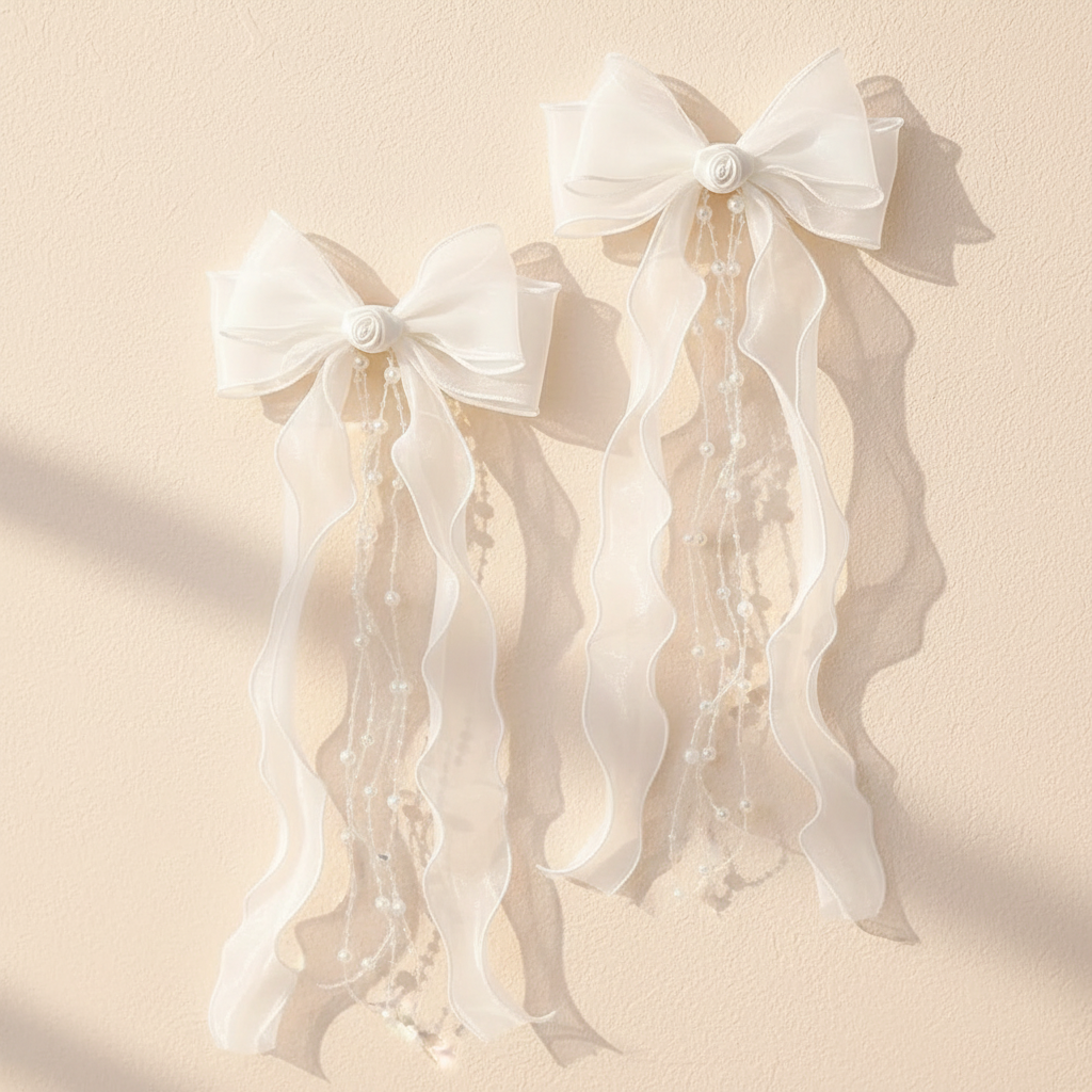 White tulle hair bow with faux pearl tassels and dangling bead strands, flower girl clip