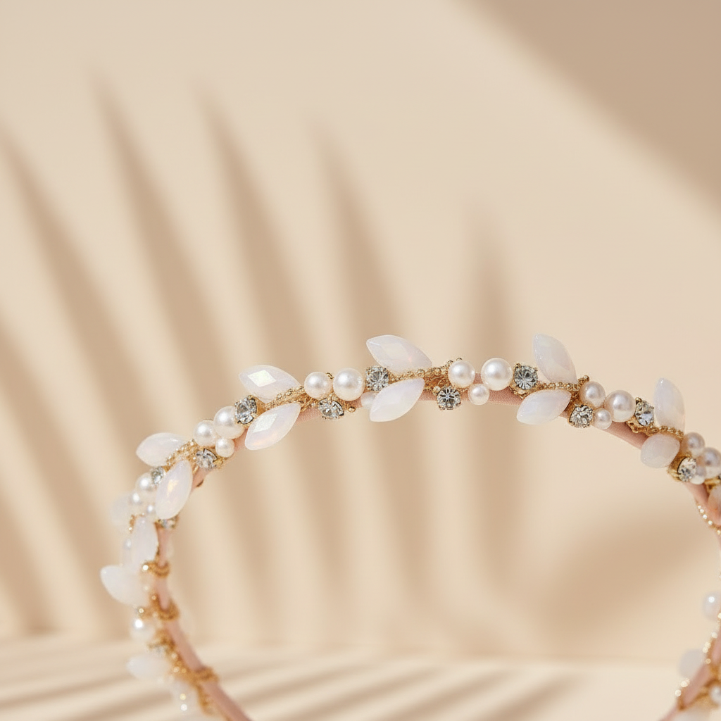 Crystal and pearl headband with light blue faceted crystals, white pearls, and sparkly gold accents