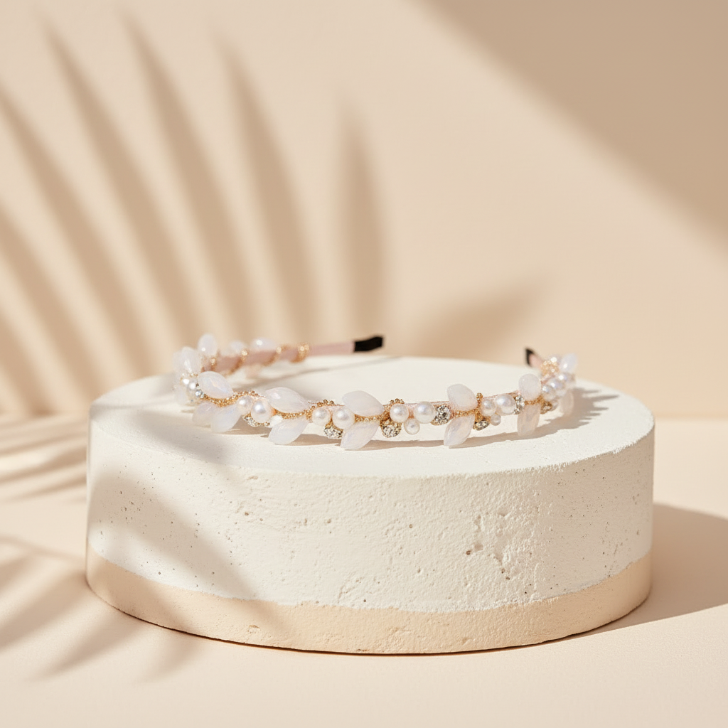 Crystal and pearl headband with pearl strands and faceted stones in white and pale blue hues