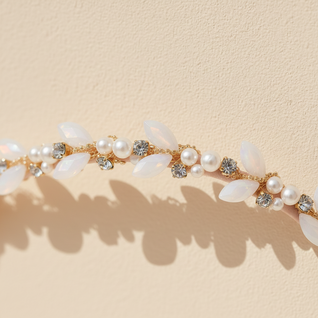 Crystal and pearl headband close-up with white pearls, light blue crystals, and gold-toned settings