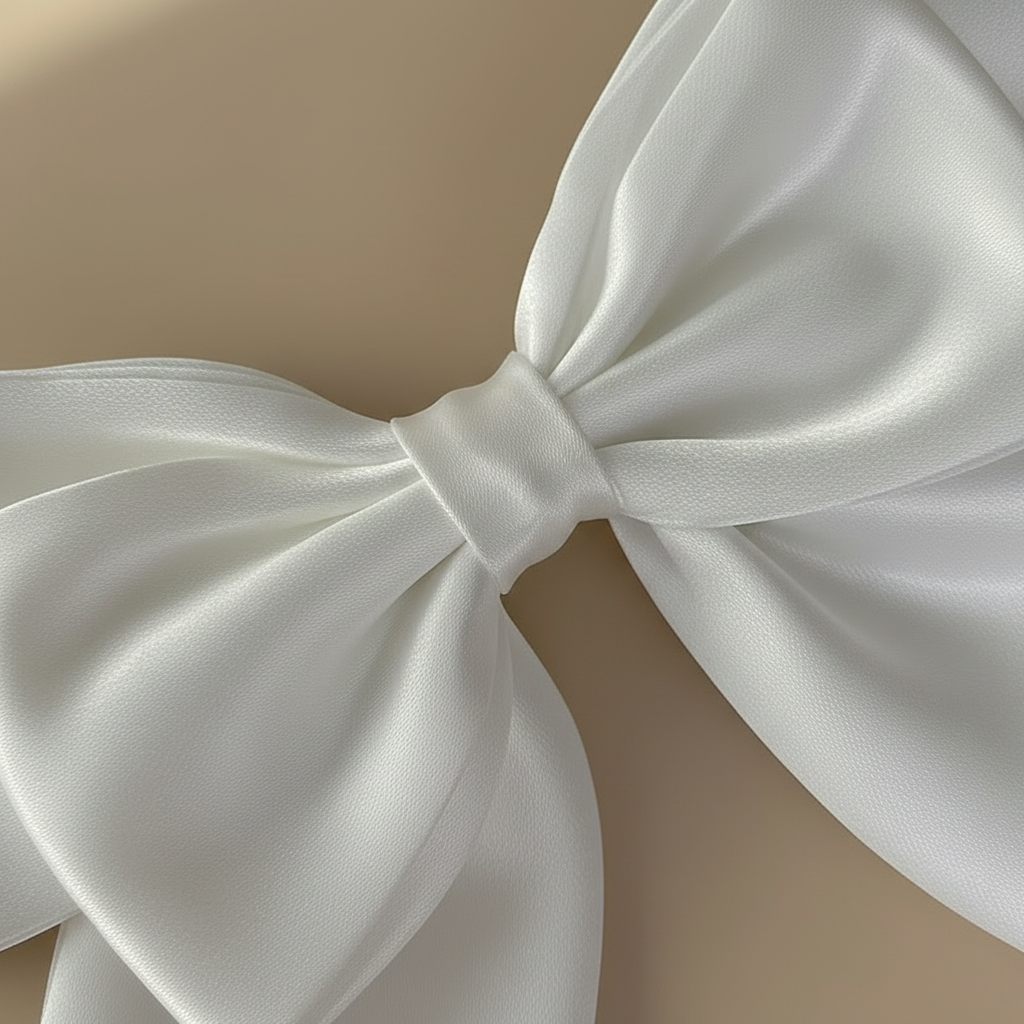 Satin white bow hair clip close-up showing bow knot and textured ribbon fabric