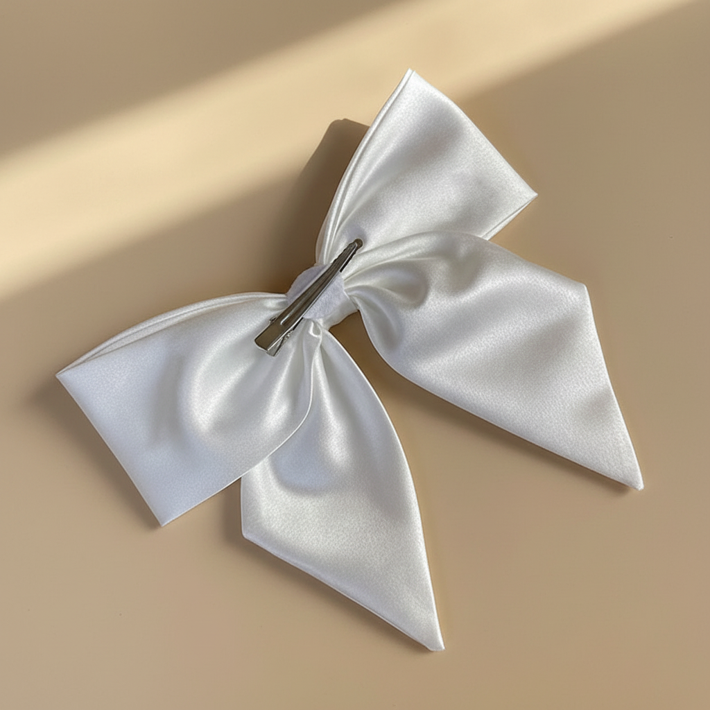 Satin white double bow hair clip with knotted center and three ribbon tails