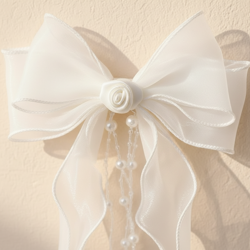 White tulle hair bow centerpiece with faux pearl tassels and dangling bead strands, hair clip