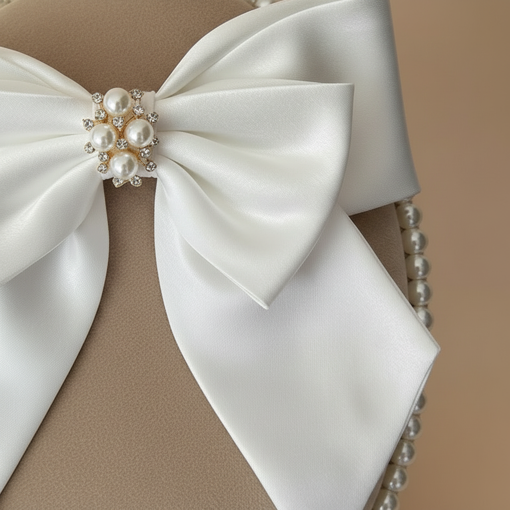 Satin white double bow hair clip with pearl-and-crystal centerpiece and beaded edge
