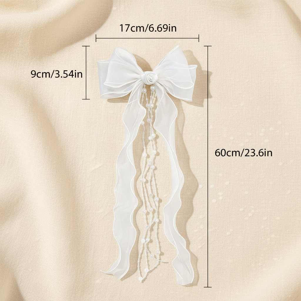 White tulle hair bow and faux pearl tassel fringe, long flowing strands on a hair clip