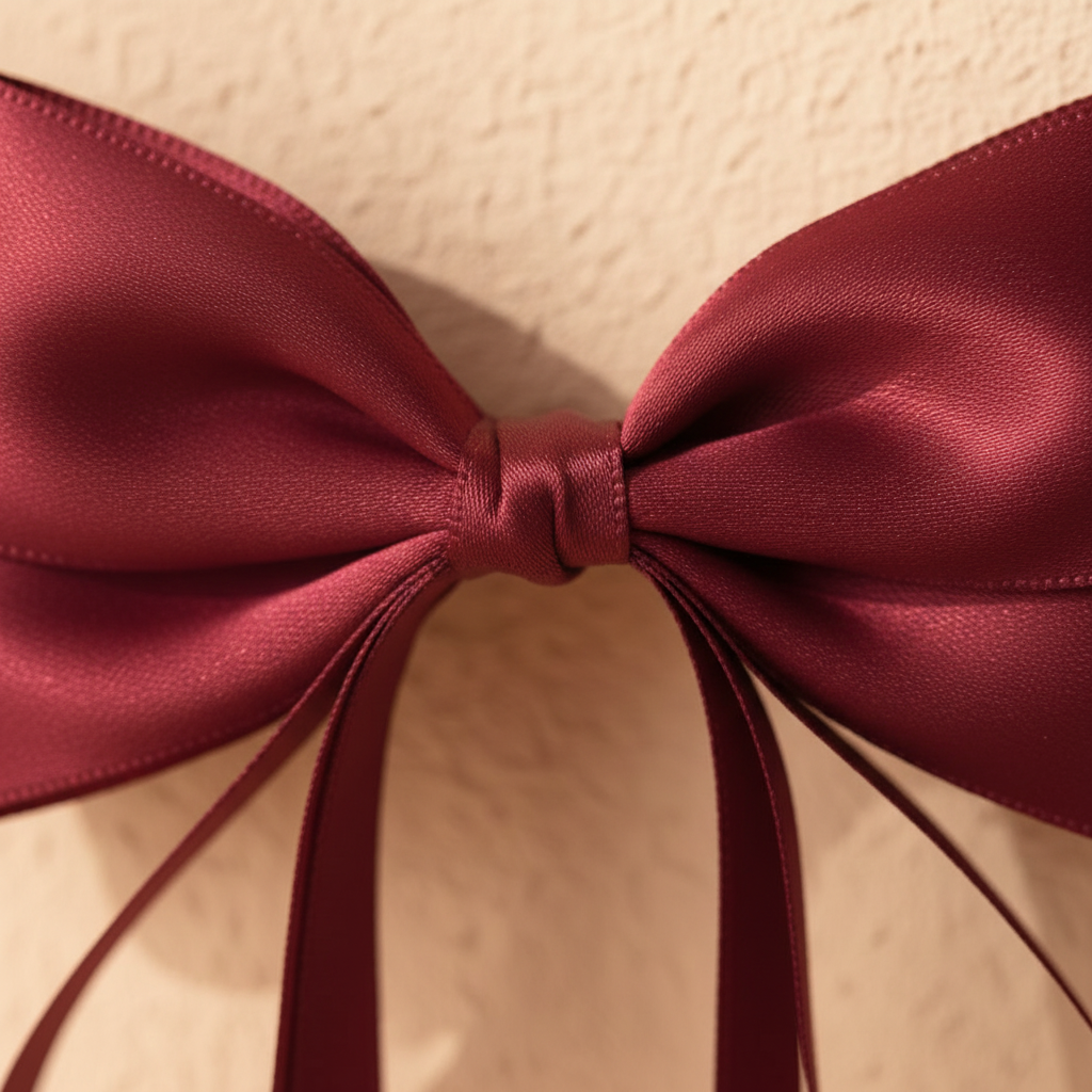 Wine red satin bow hair clip close-up with long ribbon tails