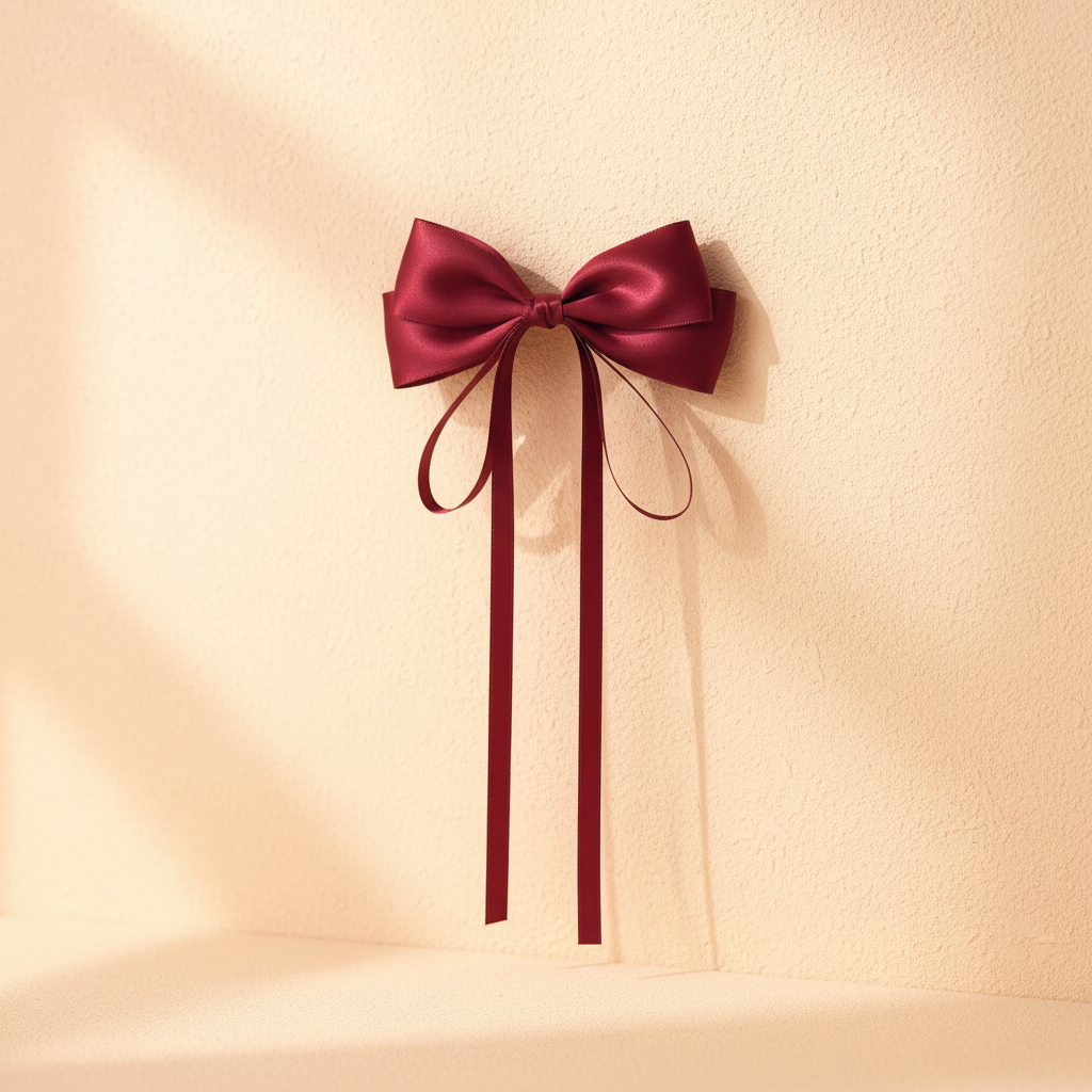 Wine red satin bow hair clip with long ribbon tails