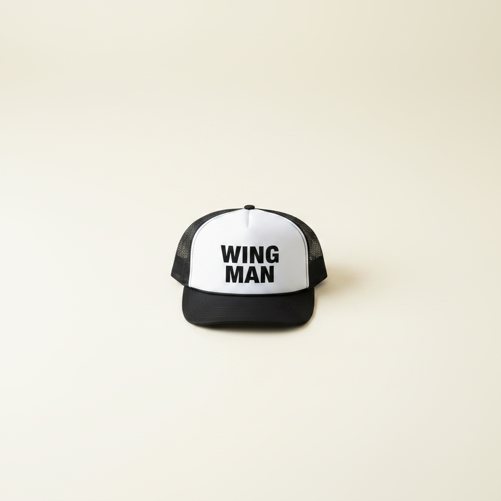 Black trucker cap with white front panel, 'WING MAN' text